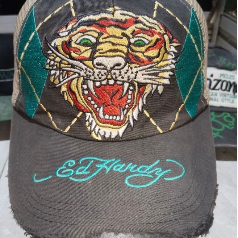 Topi Don Ed Hardy Tiger Vintage Trucker Cap Charcoal Second Original