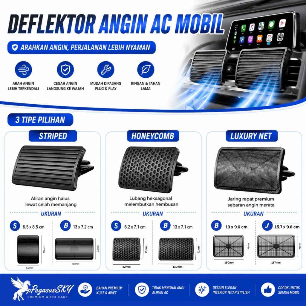 PEGASUS SKY PREMIUM Deflektor AC Mobil Universal | Pengarah Angin AC Anti Hembus Langsung | Air Cond