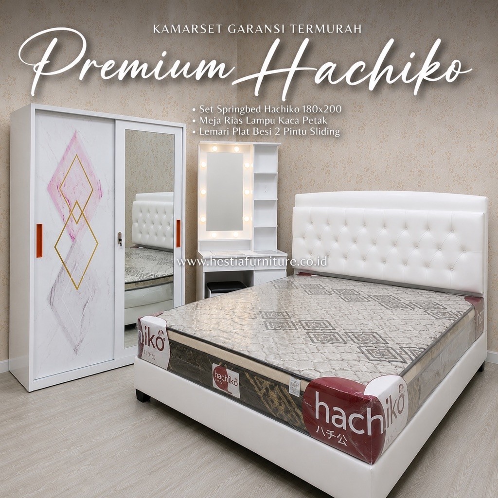 Kamar Set Premium Hachiko 180x200 | Springbed + Lemari Plat Besi Sliding + Meja Rias Lampu | Kamarse