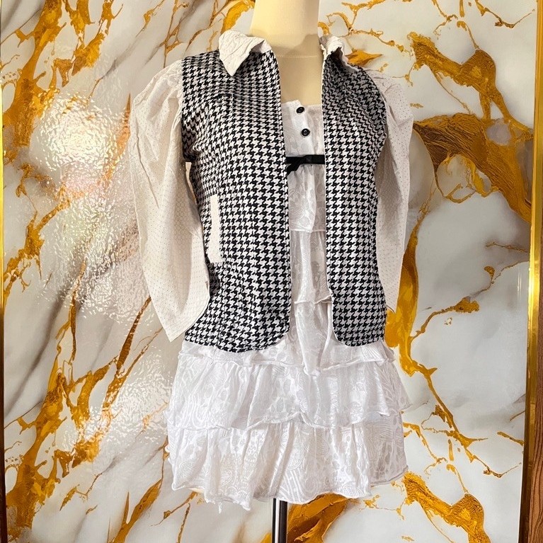 SET 2in1 Dress Putih Ruffle + Outer Bolero Houndstooth Hitam Putih - Coquette Set