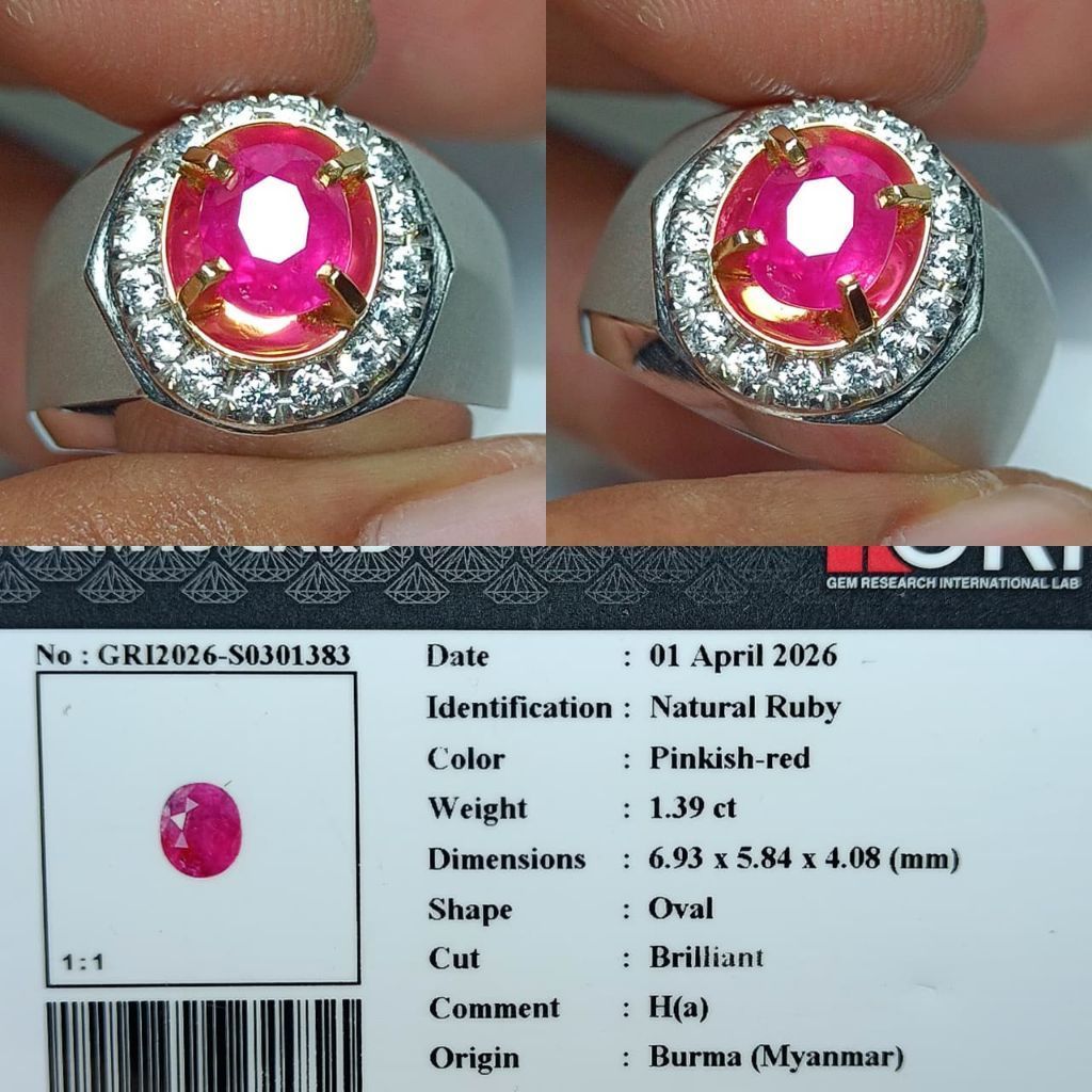 natural Ruby pinkish red 1.39 crt pinkish red Burma Myanmar memo GRI