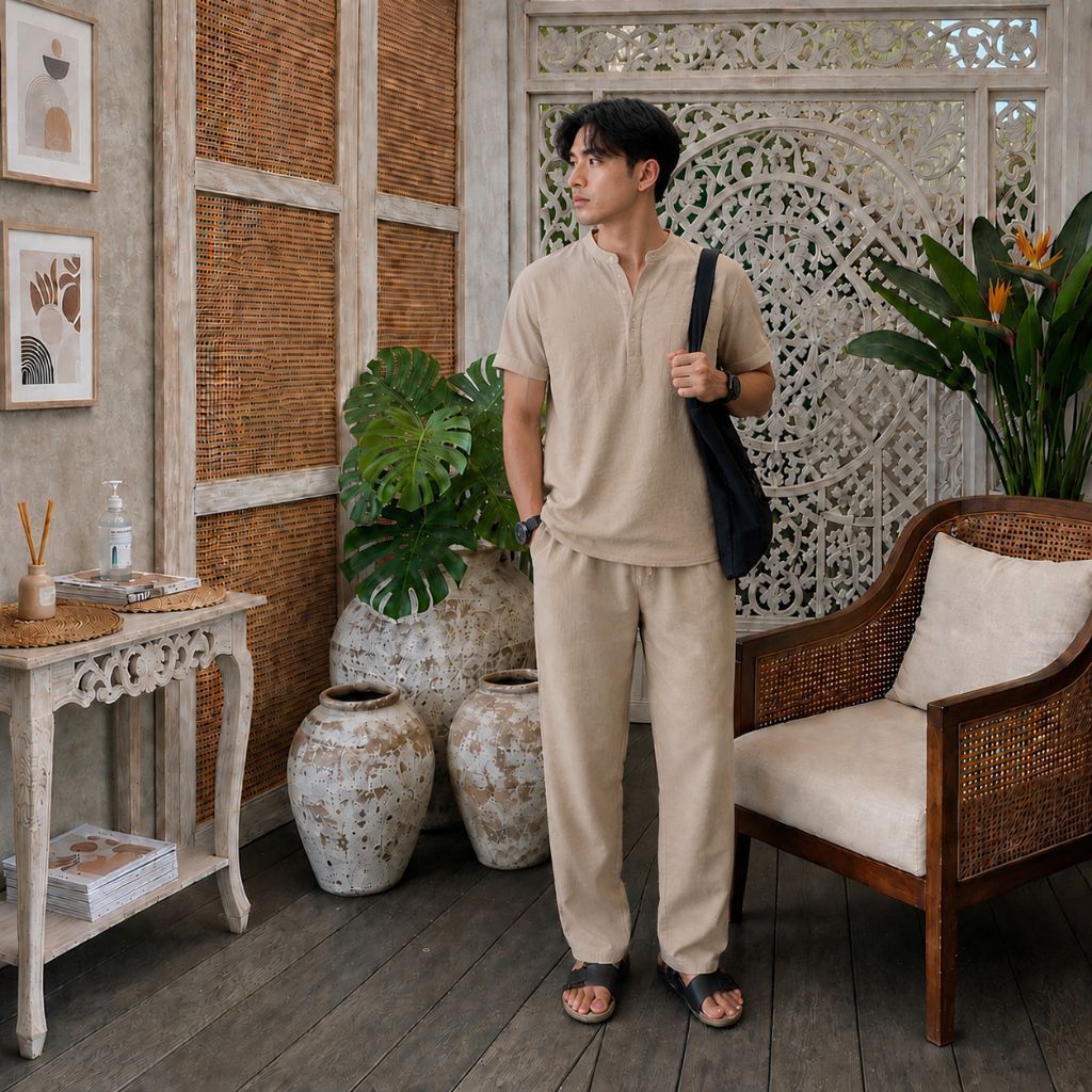 Setelan Celana Linen & Kemeja Linen Pria Premium | Baju Linen Casual Lengan Pendek