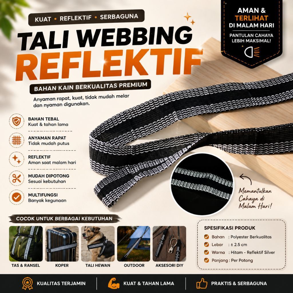 TALI WEBBING REFLEKTIF//TALI WEBBING//WEBBING STRAP//TALI POLYESTER REFLEKTIF//TALI ANYAMAN//TALI SE