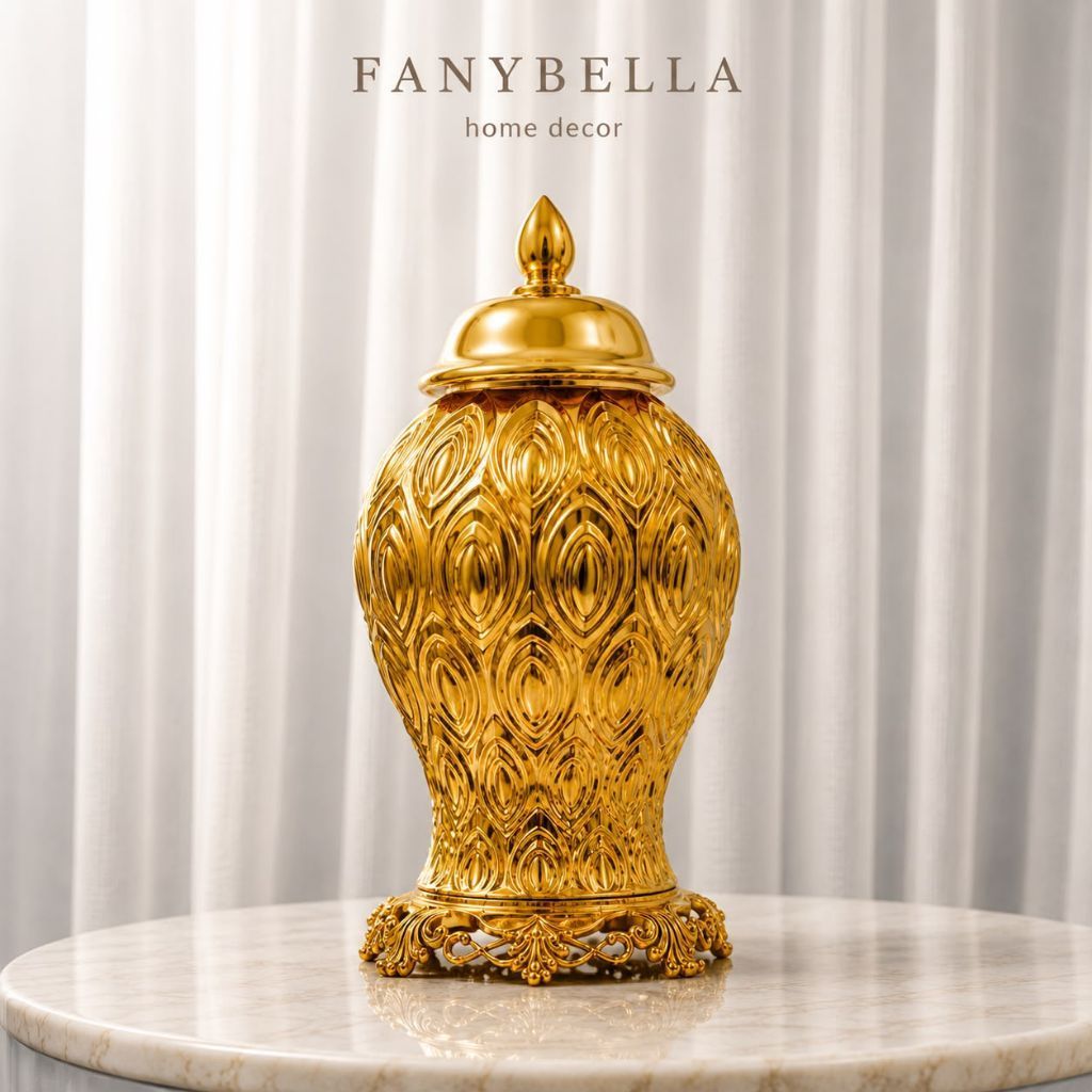 [PROMO 2.2] Vas Bunga Keramik Kuning Emas Gold Ginger Jar Satu Set Tochin Dekorasi Hiasan Percantik 
