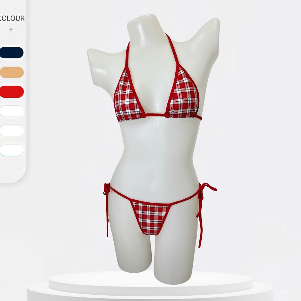 Harga Spesial Setelan G String Dan Bra Seksi Model Tali Ikat Motif Kotak Kotak Top Tren 063