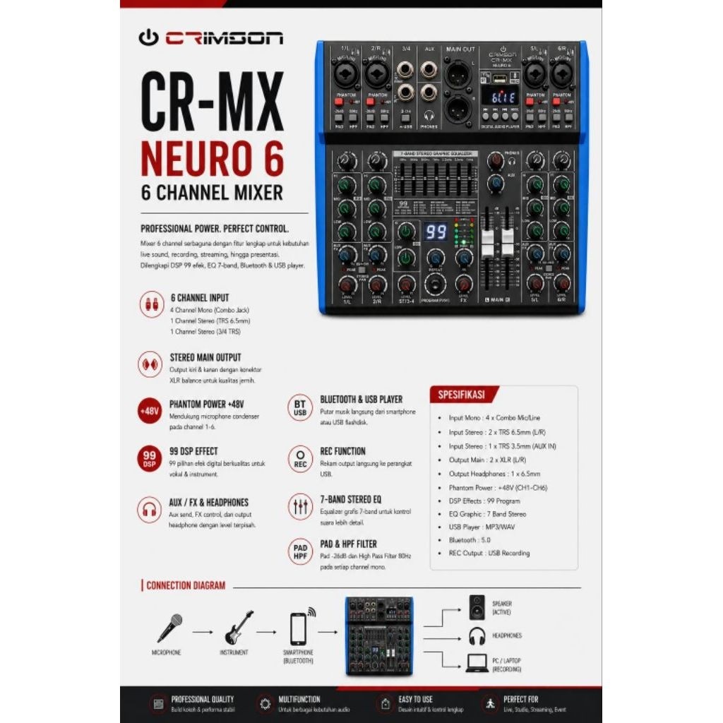 MIXER AUDIO CRIMSON CR-MX NEURO6 MIXER CRIMSON 6 CHANNEL NEURO  6