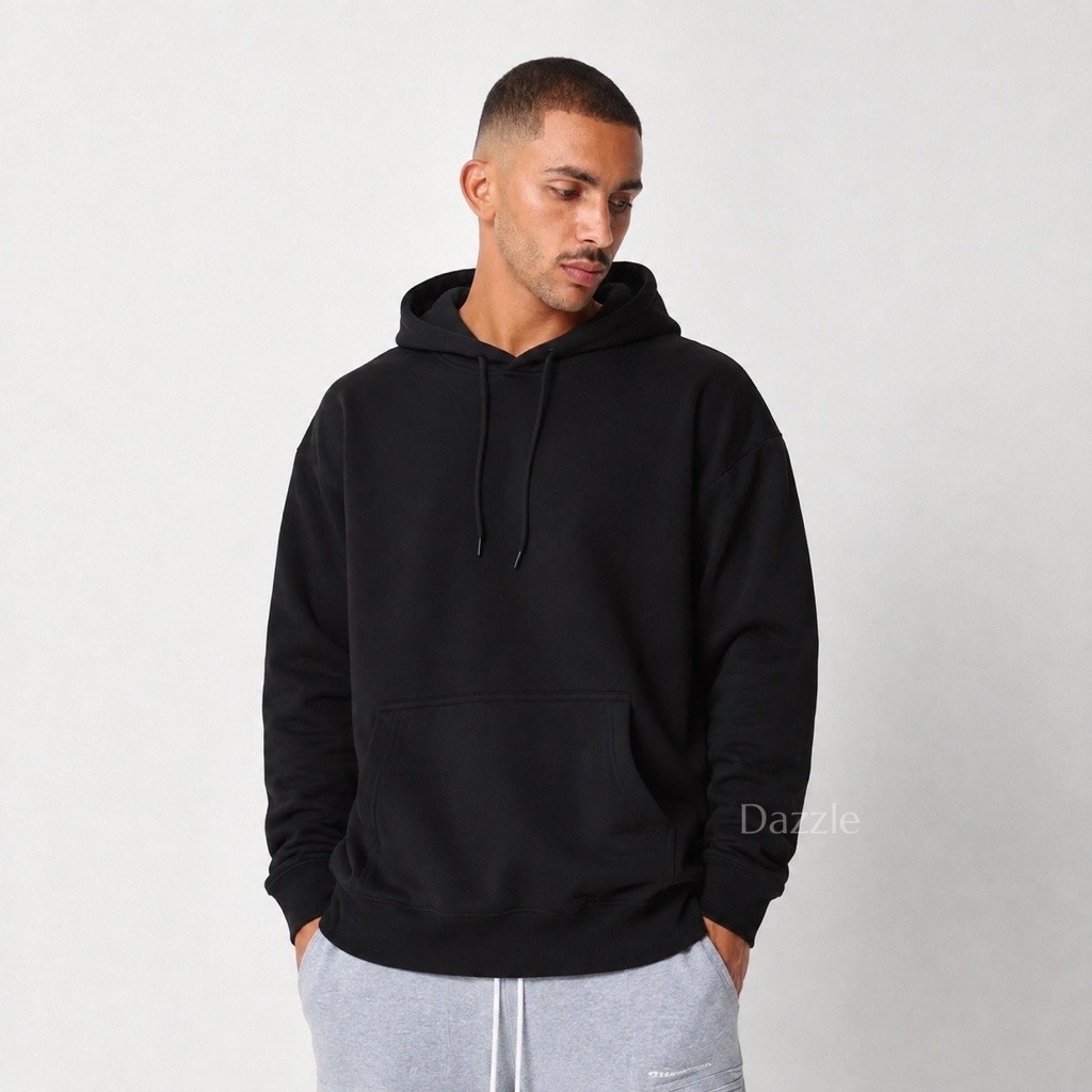 DAZZLE | HOODIE POLOS HITAM COTTON FLEECE UNISEX PRIA WANITA.