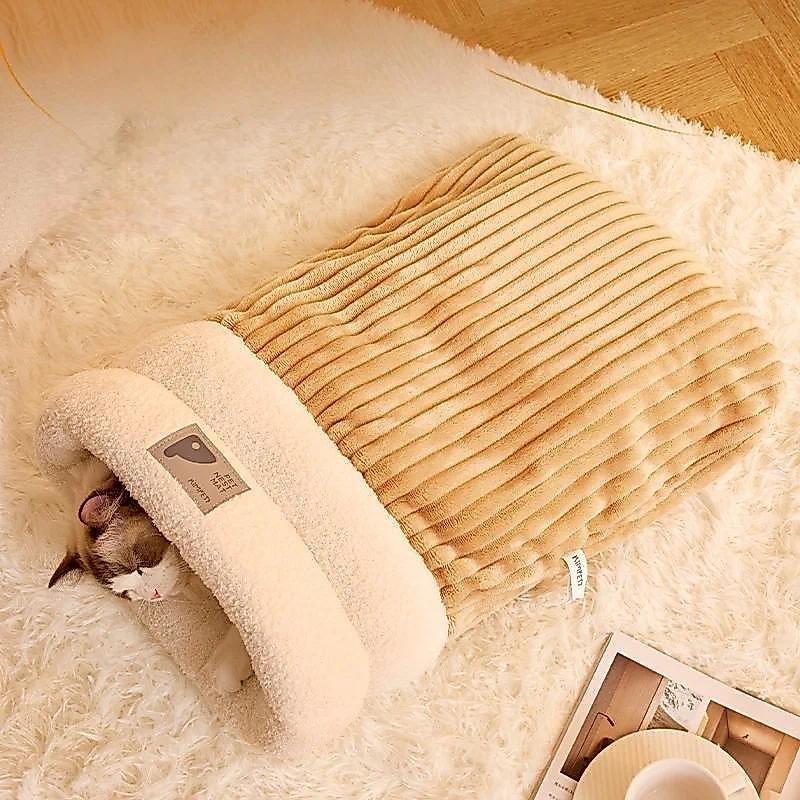 Warming Plush Cat Sleeping Bag: Enclosed Snuggle Sack with Burrow Entry for Winter - Cozy Fuzz Sleep