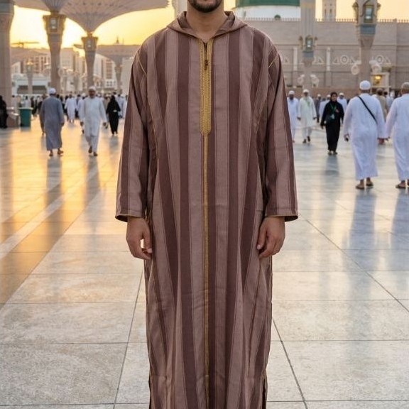 Gamis Hoodie Maroko ORI Djellaba Jalabiya Salur Coklat Keemasan
