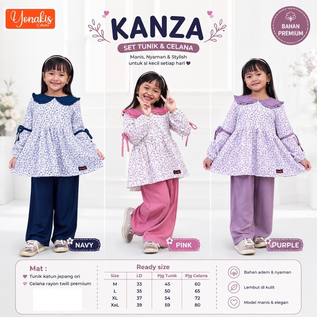 Kanza set kids Set Tunik & Celana Anak Yonakis Kanza bahan premium katun Jepang rayon twill warna Na
