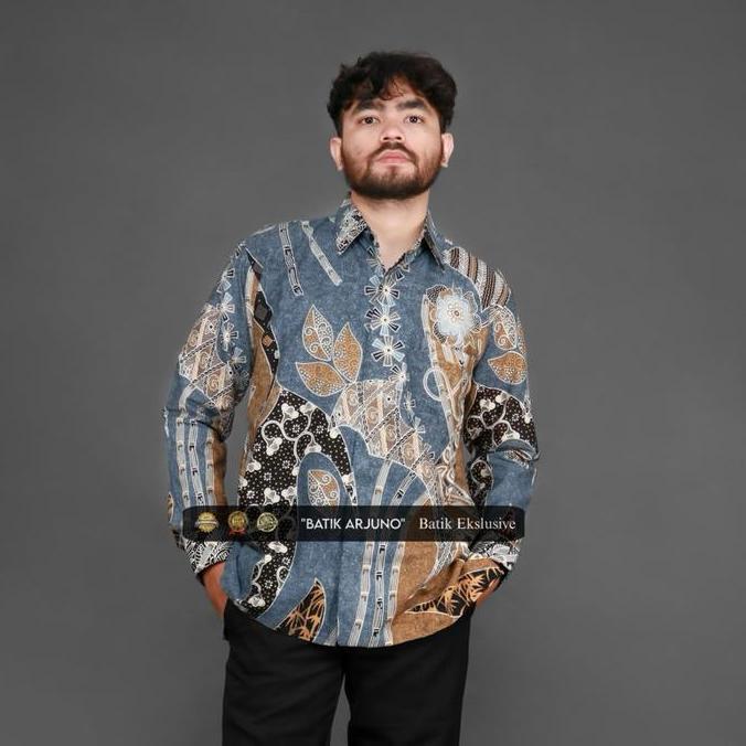 baju kemeja batik pria lapis furing lengan pendek Premium Cakra Abu