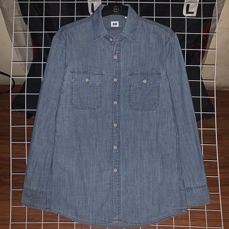 kemeja pria Uniklo chambray lengan panjang preloved