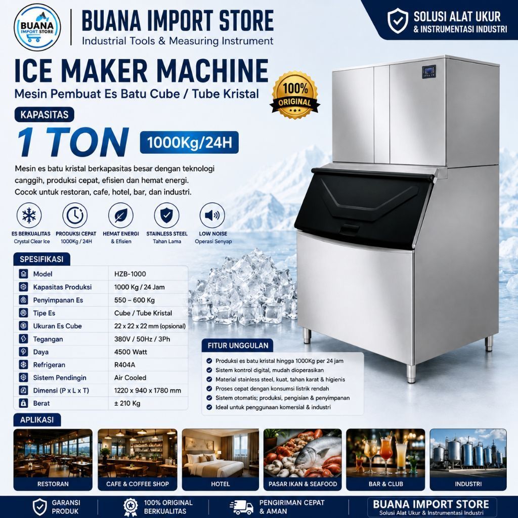 Mesin Pembuat Es Batu Cube /
Tube Kristal 1 Ton HZB-1000 Ice Maker Machine Commercial untuk Restoran