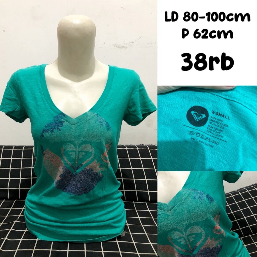 ROXY kaos v neck hijau pressbody y2k tshirt katun vintage