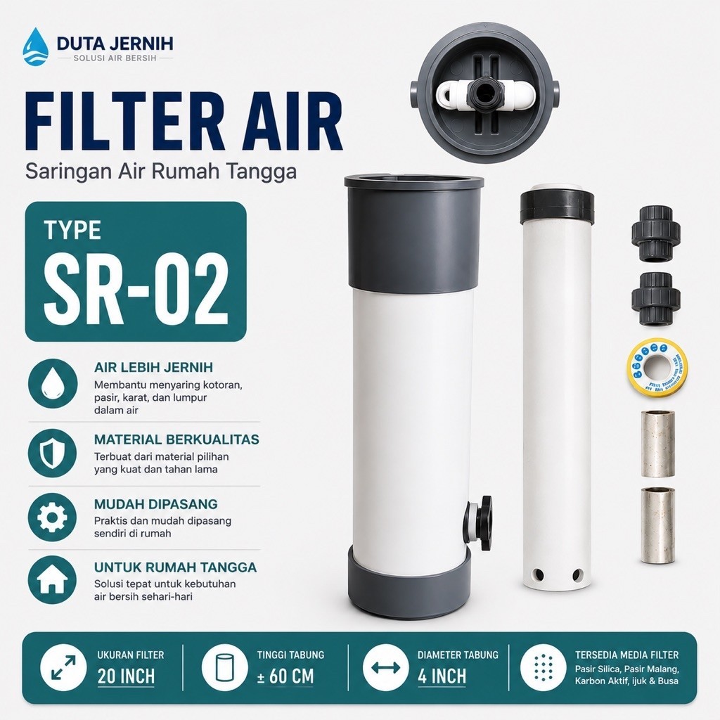 Filter Air 20 Inch Duta Jernih Type SR-02 | Saringan Air Rumah Tangga Direct Flow + Cartridge & Medi