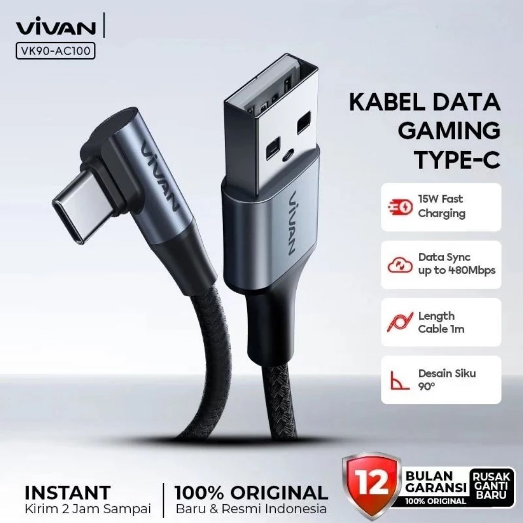 Kabel Gaming Vivan VK90-AC100 Tipe C 100cm 1m Original Bergaransi VK90AC100 VK90 AC100