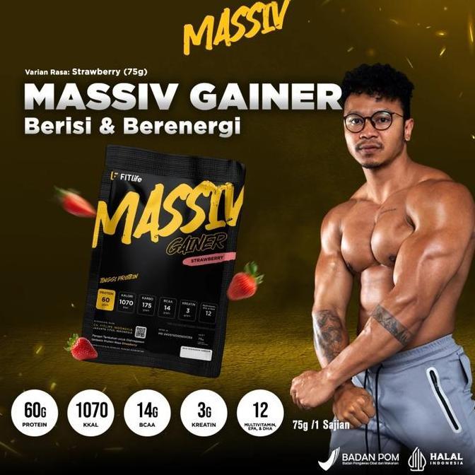 New- Fitlife Massiv Gainer Sachet 75 Gram Susu Protein Bulking Tinggi Protein Dan Kal