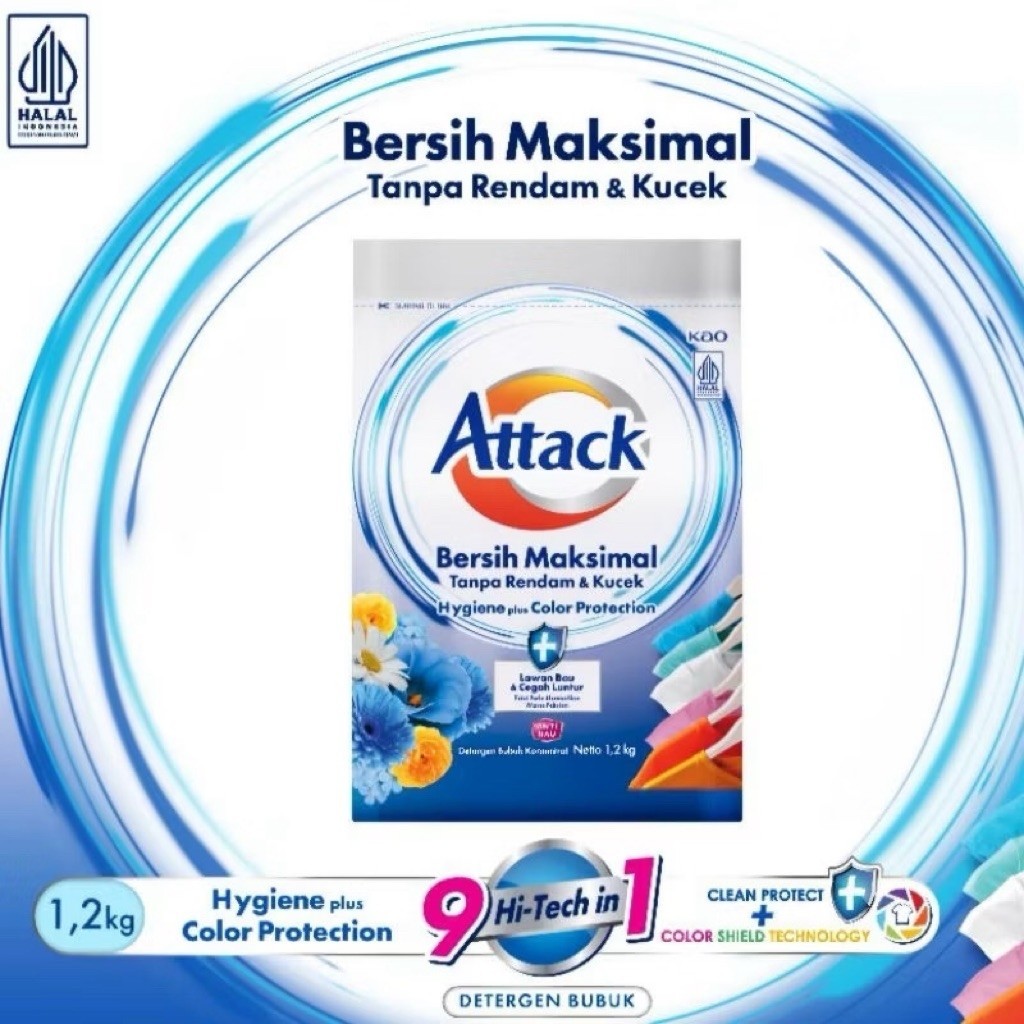 ATTACK Detergen Bubuk Ukuran Jumbo 1200 gr Bersih Maksimal Tanpa Rendam dan Kucek