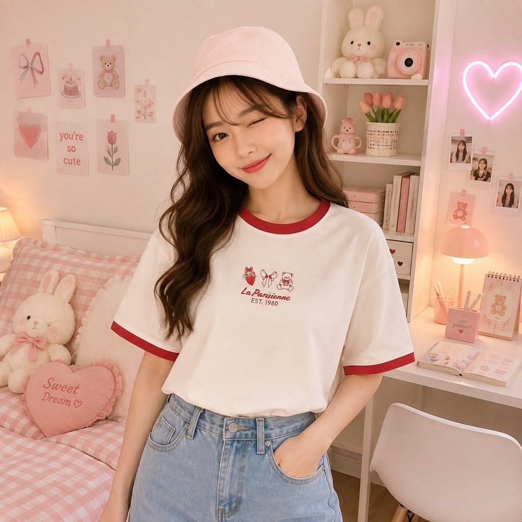Oversized Tee Paris Teddy - Lovely Shirt | Kaos Heart Lengan Pendek | Stretchy Knit Basic Top Korean