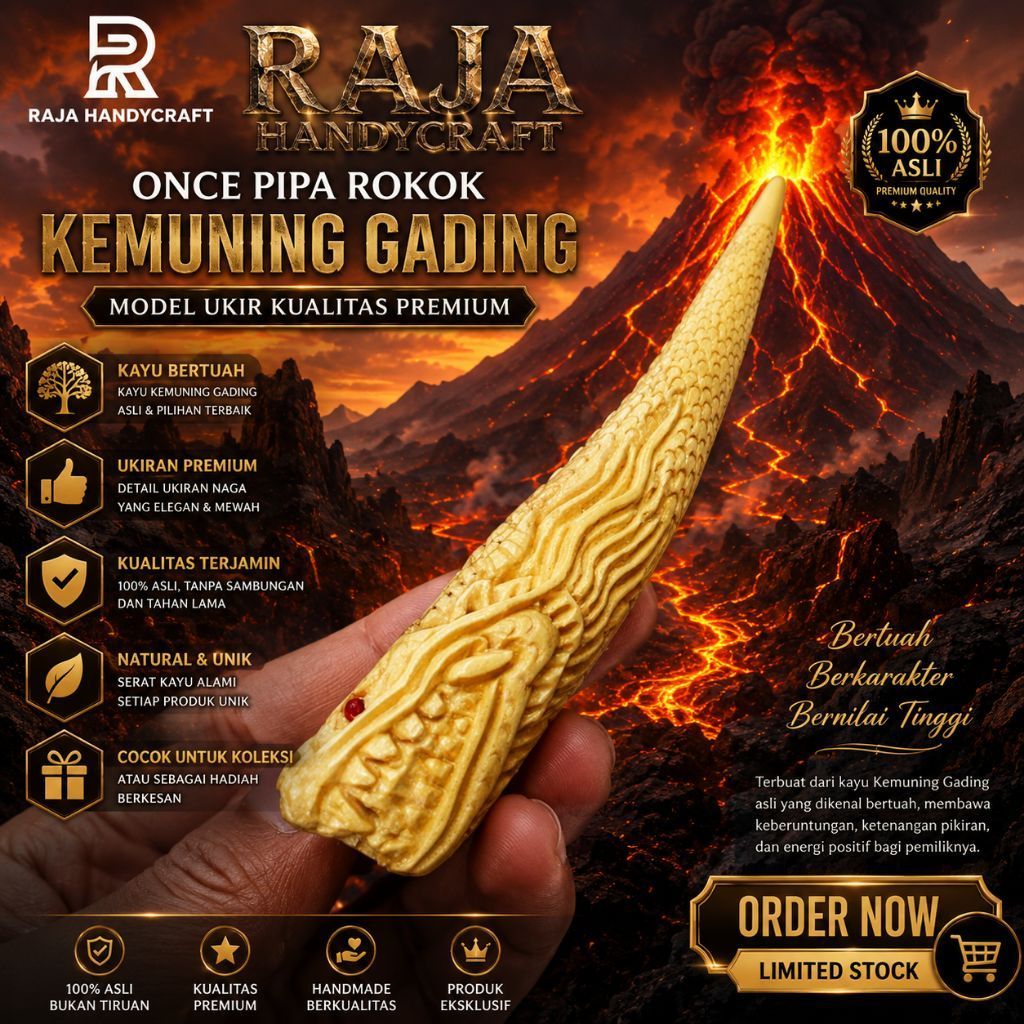 RAJA HANDYCRAFT | Once Pipa Rokok Kayu Bertuah KEMUNING GADING model Ukir kualitas Premium 100 % asl