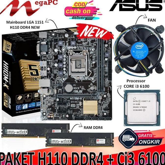 BEBAS ONGKIR - PAKET 1151 MAINBOARD H110 DDR4 + CORE I3 6100 + FAN + RAM
