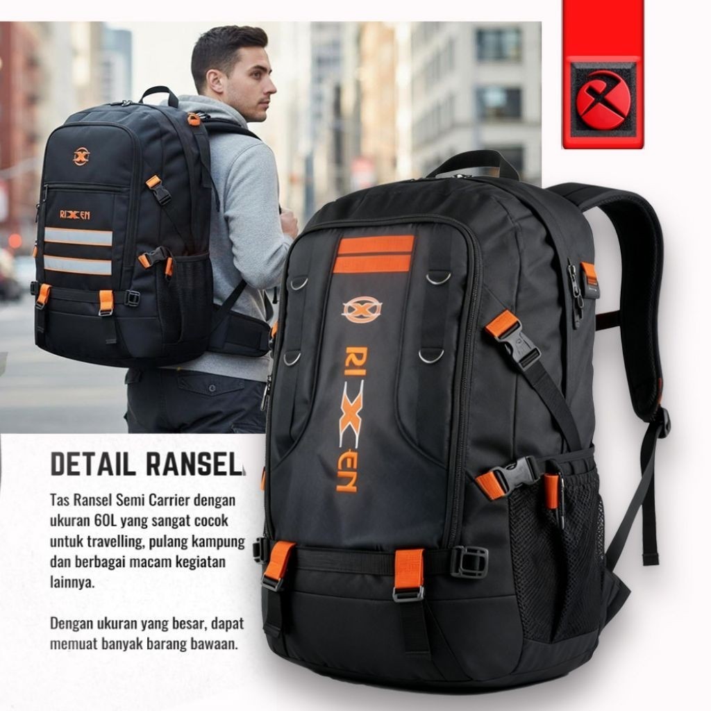 Tas Ransel Pria 60L - Mountain Backpack Polyester Nylon - Praktis Modern - Hitam - Mudik &..