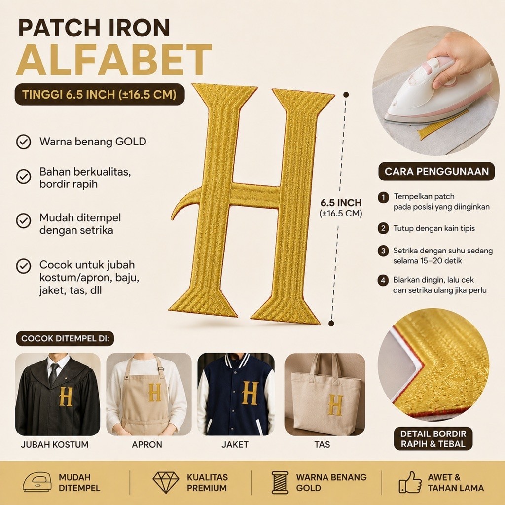 Fawn’G Handmade - PATCH IRON ALFABET GOLD 6.5 INCH | PATCH BORDIR HURUF BESAR | IRON ON PATCH UNTUK 
