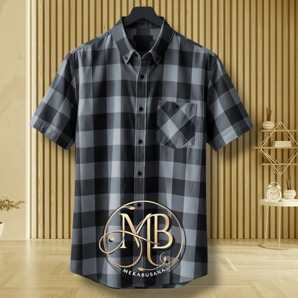 Kemeja Flanel Pria Lengan Pendek Kotak Tebal