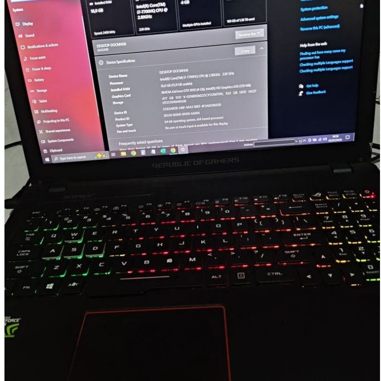 ASUS ROG Strix GL553VD Laptop Bekas Core i7 GTX 1050 Dual SSD HDD Gaming