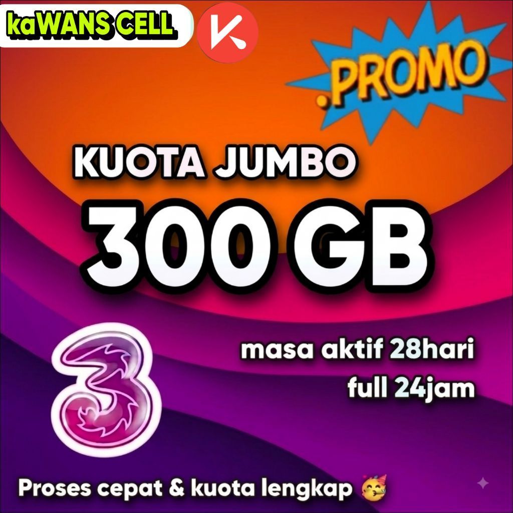 paket kuota internet tri 3 300gb 250gb 156gb 100gb Aon 40gb + bonus kuota lokal, full 24 jam untuk s