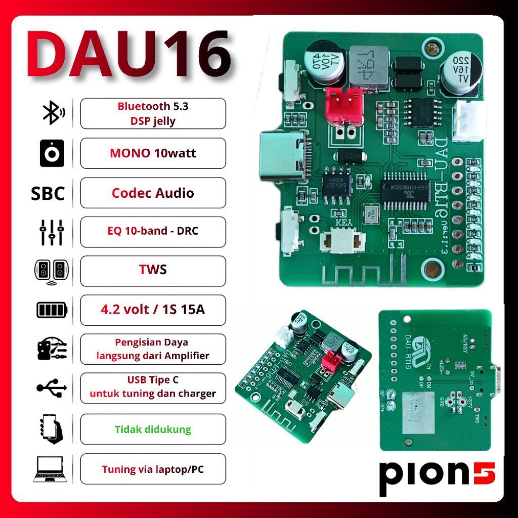 DAU16 _ Amplifier MONO 10-15watt Bluetooth v5.3 dsp Jelly, TWS, LED VU