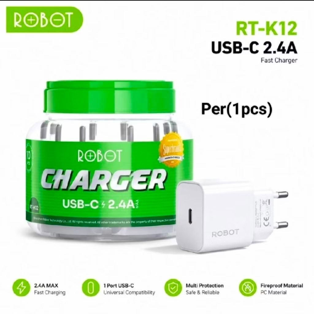 ROBOT RT-K12 Kepala Charger 6W 2.4A 5V Travel Adapter USB Type-C Single Port Universal Original Robo