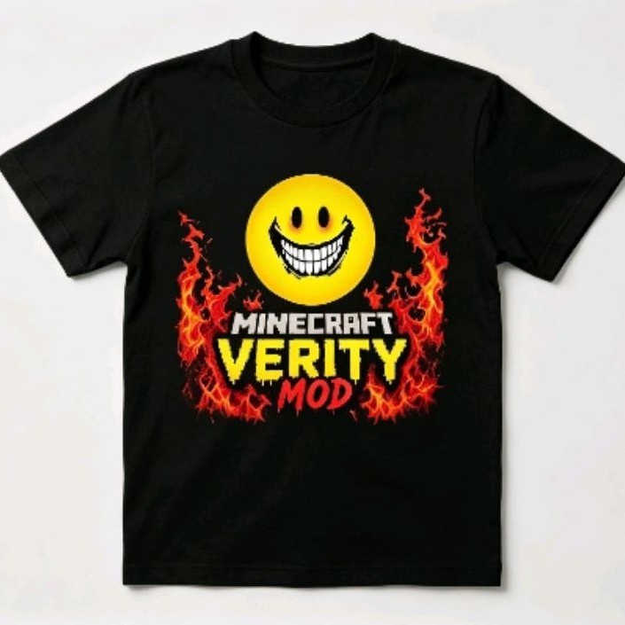 Kaos T-Shirt Anak Hitam Motif Minecraft Verity Mod Emoji dengan Api Lengan Pendek