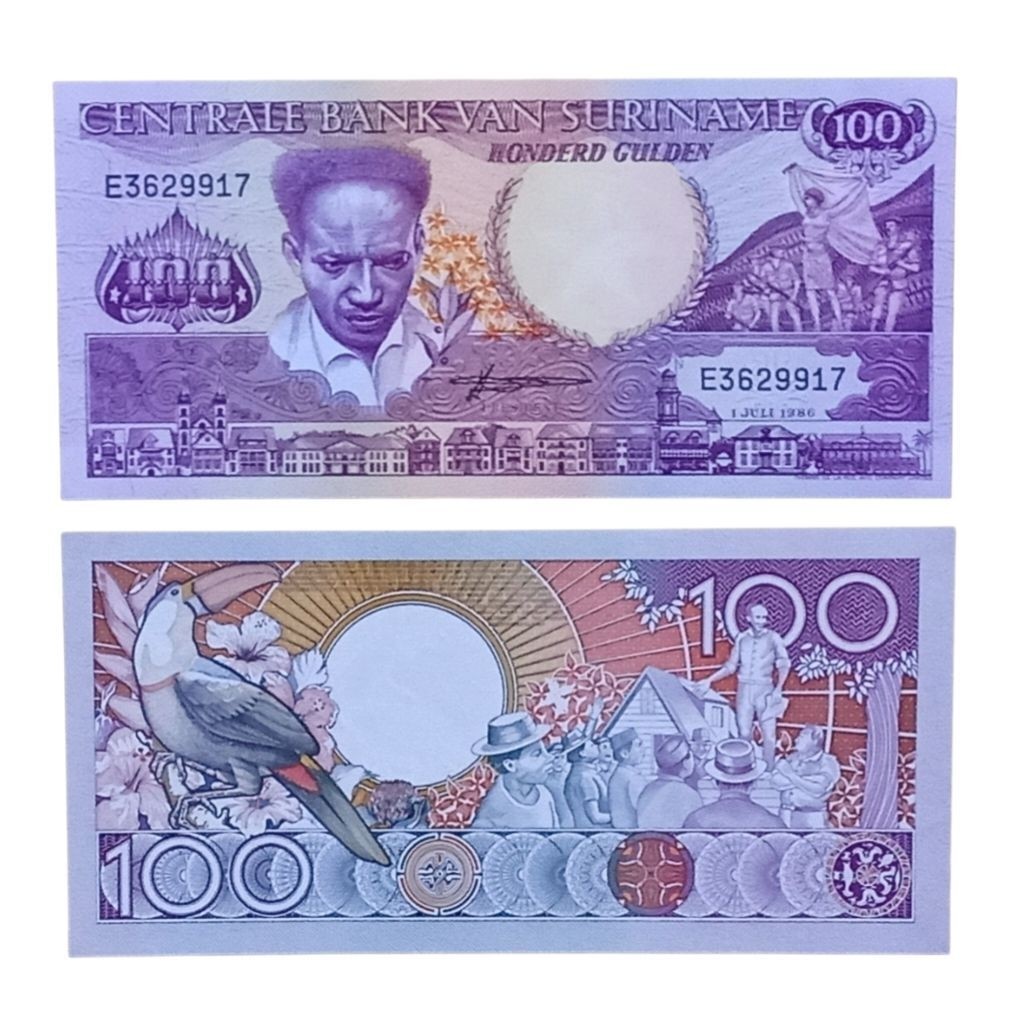 Uang Kuno Suriname 100 Gulden 1986 UNC Asli
