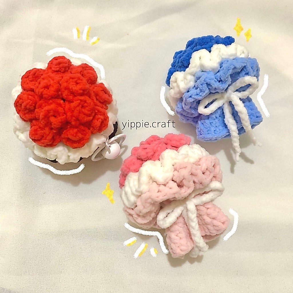 (yippie.craft) Mini Rose Bouquet Chunky Keychain | Crochet | Amigurumi Chennile | Gatungan Kunci | G