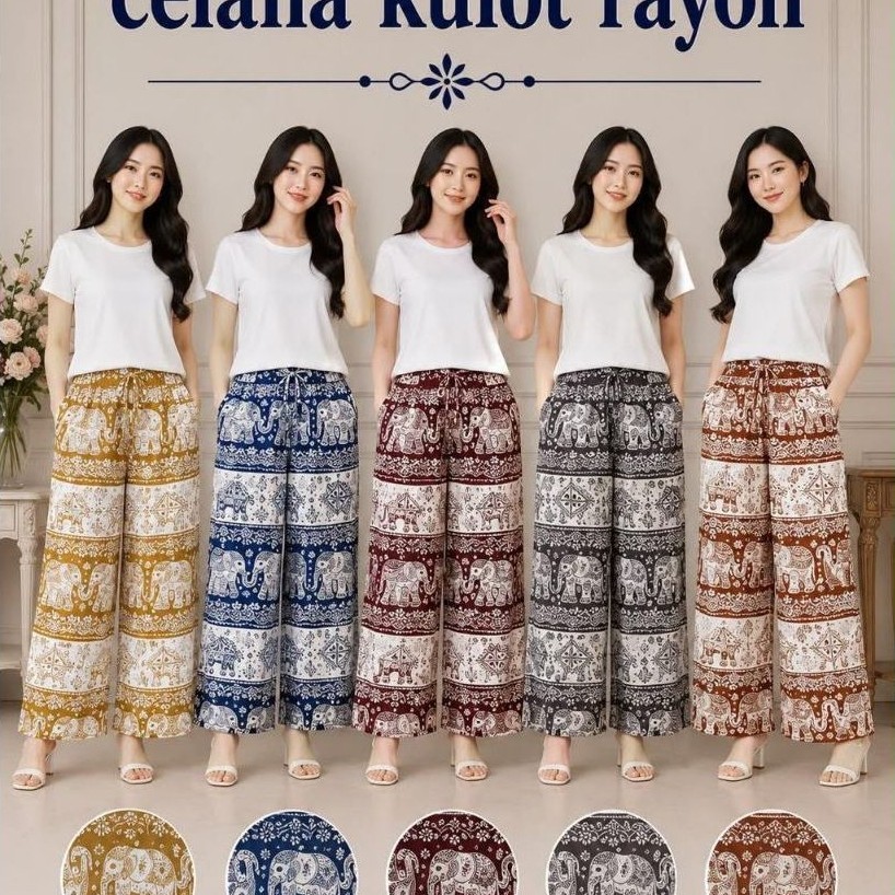 Celana Kulot Wanita  Rayon Motif Gajah Part 2 Kain Bali Nyaman Panjang - Gjh etnik hitam, Kulot All 