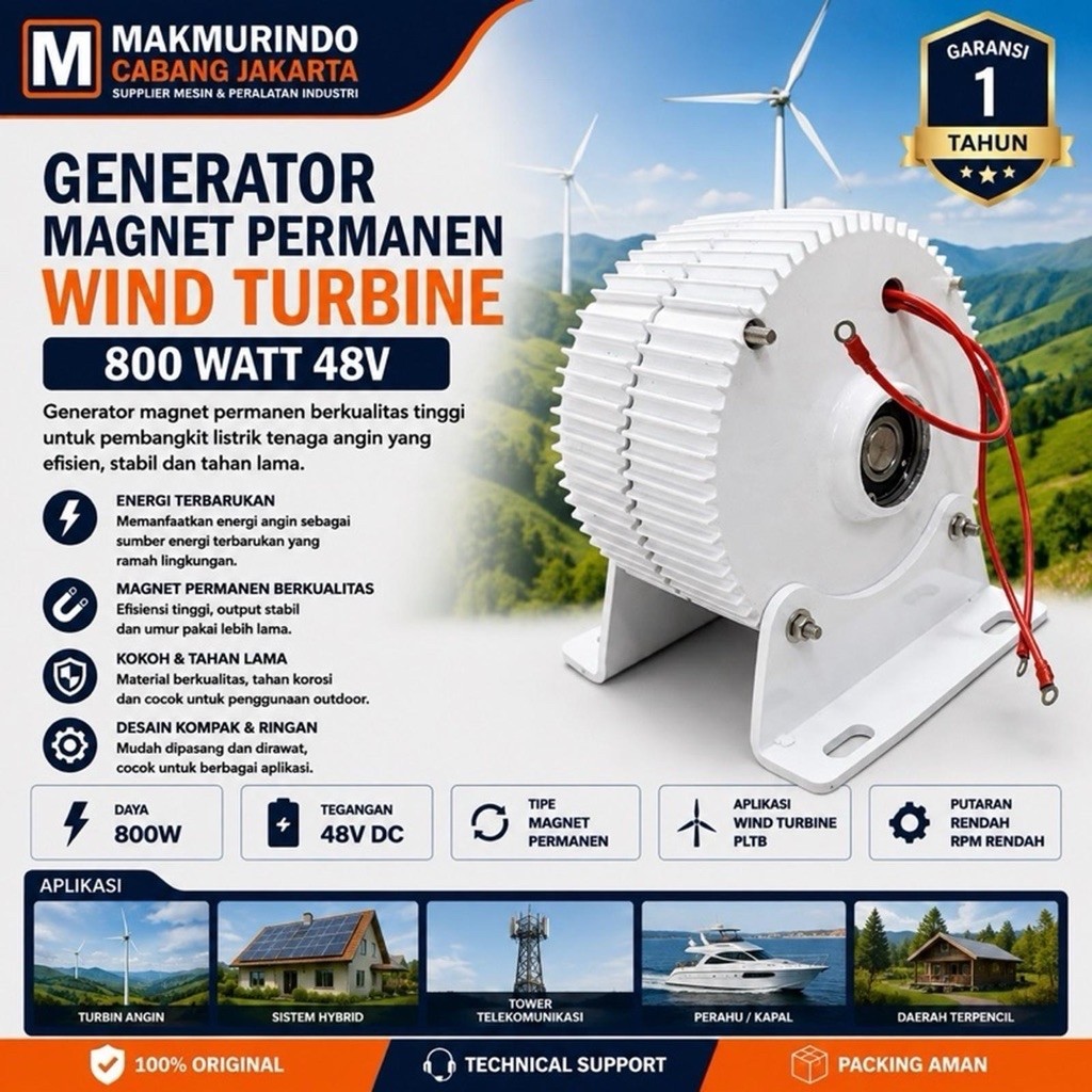 Generator Wind Turbine 800 Watt 48V Generator Magnet Permanen Pembangkit Listrik Tenaga Angin PLTB