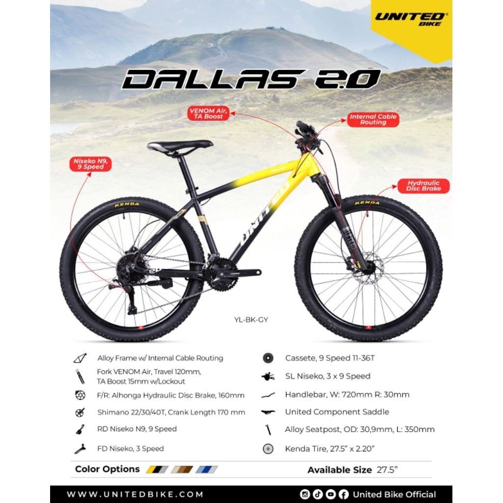 SEPEDA GUNUNG MTB 27,5 INCH UNITED DALLAS 2.0 FORK VENOM AIR FRAME ALLOY HYDRAULIC