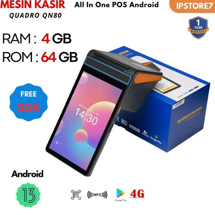 Mesin Kasir Tablet POS 8 Inch Quadro QN 80R Android 13 RAM 4GB + 64GB 4G Built In Printer Thermal 58
