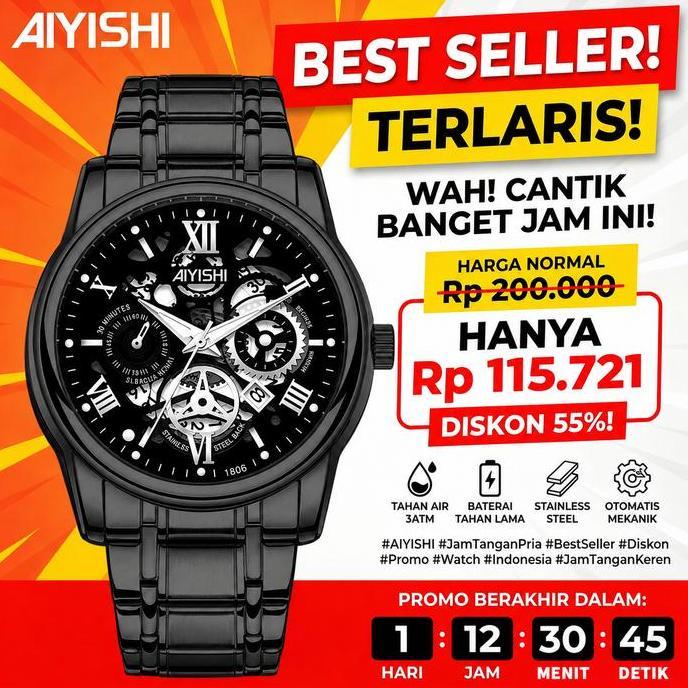 9JS AIYISHI JAM TANGAN PRIA DIAL BERONGGAKUARSA ANTI AIR TALI STAINLESS STEEL JAM TANGANCOWOK WATCHE