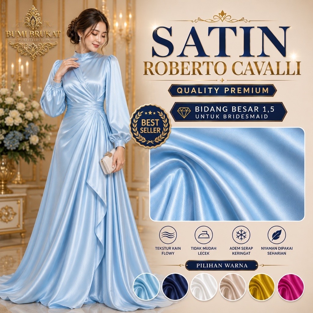 satin roberto cavalli quality premium grade A gamis gaun pesta blouse dress bridesmaid