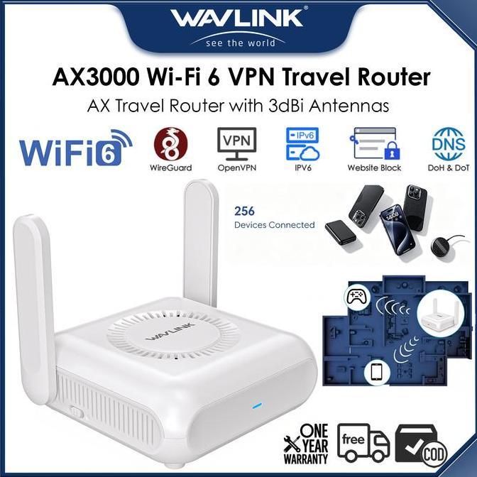 BEBAS ONGKIR - WAVLINK AX3000 Router VPN Portabel Wi-Fi 6 untuk Perjalanan, Dilengkapi Port USB-C un