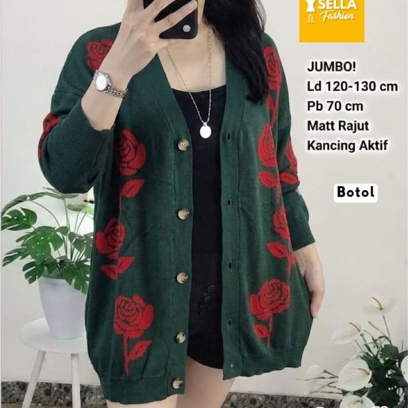 Rose Cardigan Outer Rajut Import Jumbo Oversize Motif Bunga