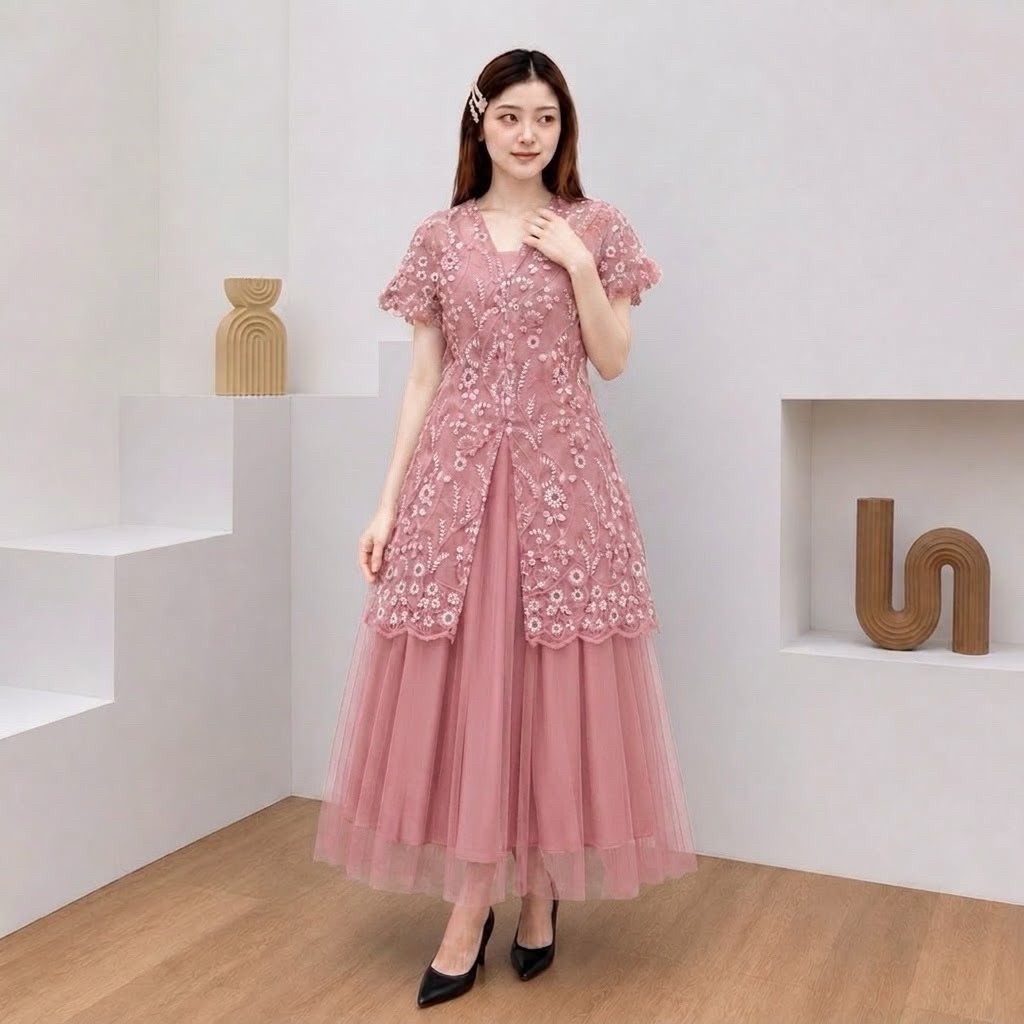 Real Video - Setelan outer long dress 2in1 / outer mustafa bordir bunga pakaian wanita motif terbaru
