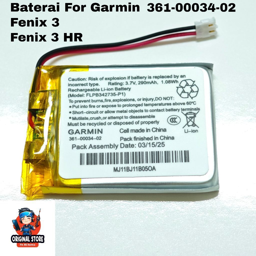 Baterai Garmin Fenix 3 / Fenix 3 HR Batre 361-00034-02 Replacement Battery SmartWatch