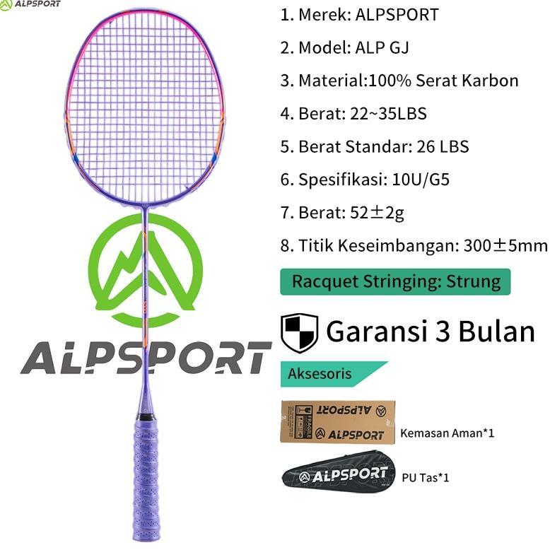 ALPSPORT GJ Max 35LBS 10U 52G Raket Bulutangkis Ungu/Hitam/Merah Senar Grip Terpasang Premium Serat 