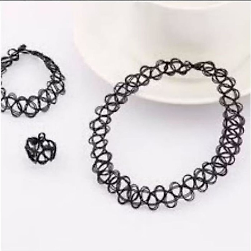 Aksesoris fashion tato choker hitam set isi 3 pcs gelang kalung cincin murah harga per set tattoo ch