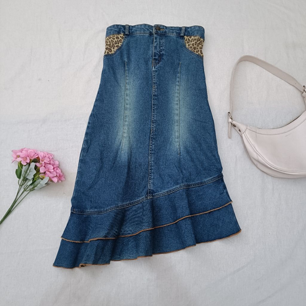 SILENT WORTH Kemben Jeans Denim Leopard Ruffle Japanese Y2K