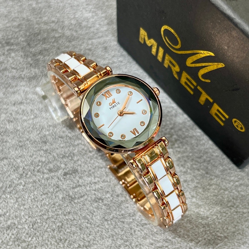 MIRETE R396 Jam Tangan Wanita Fashion Elegan Rosegold Putih Analog Quartz Strap Stainless Steel