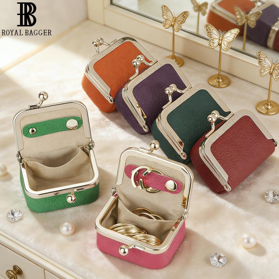 Royal Bagger Tas Koin Mini dari Kulit Asli, Dompet Koin dengan Kunci Tekan Warna Polos, Tas Penyimpa